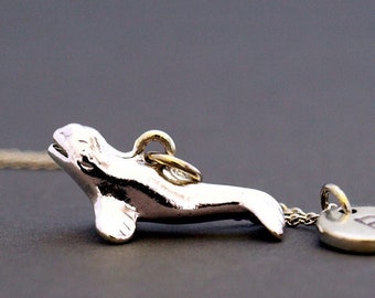 Beluga whale necklace, Beluga whale charm, White whale, initial necklace, initial hand stamped, personalized, antique silver, monogram