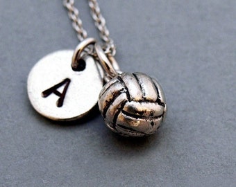 Collar de voleibol, dije de voleibol, pelota de voleibol, collar de pelota de voleibol, collar con inicial, personalizado, plata antigua, monograma