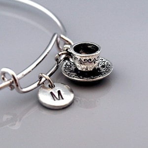 Tea cup and saucer bangle, tea cup bracelet, coffee cup, Expandable bangle, Personalized bracelet, Charm bangle, Monogram, Initial bracelet