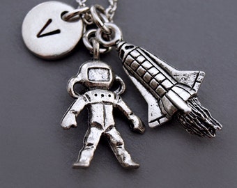 Spaceman neckalce, Astronaut necklace, Rocket necklace, Rocket ship necklace, Space man necklace, Spacemen, initial necklace, monogram
