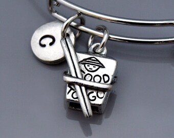 Pulsera china para llevar, brazalete chino para llevar, palillos, comida china, comida para llevar, comida china para llevar, pulsera con inicial