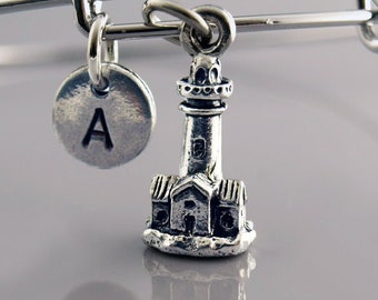 Brazalete con dije de faro, Brazalete con dije de faro, Brazalete expandible, Pulsera personalizada, Brazalete con dije, Monograma, Pulsera con inicial
