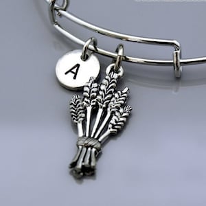Wheat bracelet, Silver wheat charm, Silver Grain charm bracelet, Wheat grain, Expandable bangle, Personalized bracelet, Initial bracelet