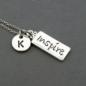 Inspire tag necklace, Inspire necklace, Word Inspire, initial necklace, initial hand stamped, personalized, antique silver, monogram