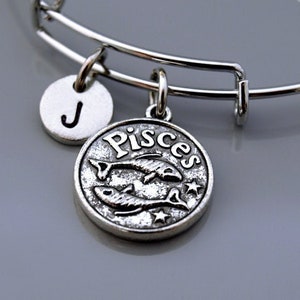 Pisces bracelet, Pisces bangle, Pisces Zodiac charm bracelet, Pisces zodiac bangle, Expandable bangle, Initial bracelet