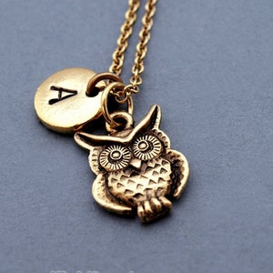 Puede incluir: Collar de oro con dije de búho y dije de inicial 'A' de oro. El collar está en una cadena de oro.