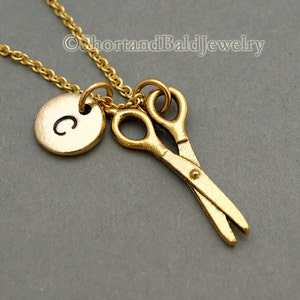 Scissors necklace, scissors charm, hairdresser, gold scissors, hair stylist necklace, initial necklace, hand stamped, personalized, monogram