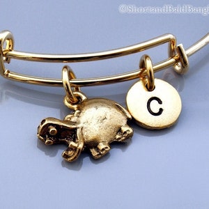 Pode incluir: Pulseira de ouro com um berloque de hipopótamo e um berloque redondo com a letra "C" gravada.