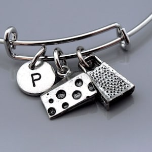 Cheese grater and cheese wedge bracelet bangle, food grater, Cheese charm, kitchen grater, Cheese lover, Cheese jewelry, Initial bracelet