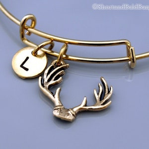 Antler bangle, Deer antler bracelet, Deer charm bracelet, Gold deer antler charm, Expandable bangle, Personalized bracelet, Initial bracelet
