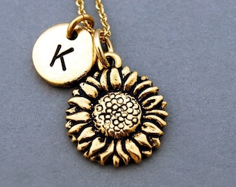 Sunflower necklace, Gold sunflower charm, Sunflower jewelry, initial necklace, initial hand stamped, personalized, antique gold, monogram