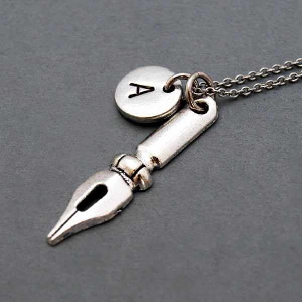 Pen Nib necklace, Silver pen nib, Pen nib pendant, antique silver, initial necklace, initial hand stamped, personalized, monogram