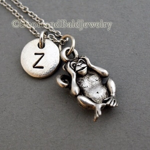 Hear no evil monkey, Three Monkeys Necklace, three wise monkeys, initial necklace, Personalized, antique silver, monogram