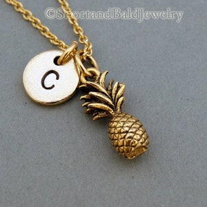 Pineapple necklace, Pineapple charm necklace, fruit charm, antique gold, initial necklace, initial hand stamped, personalized, monogram