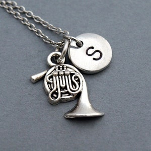 French horn necklace, Corno necklace, initial necklace, initial hand stamped, personalized, antique silver, monogram