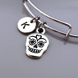 Sugar skull Bangle, day of the dead, Sugar Skull charm, Calavera bracelet, Calavera bangle, Expandable bangle, Charm bangle Initial bracelet