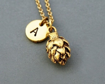 Artichoke charm necklace, vegetable charm, Gold artichoke, initial necklace, initial hand stamped, personalized, antique gold, monogram
