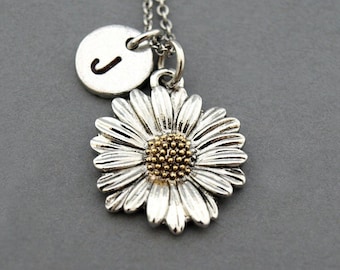 Daisy necklace, flower charm necklace, Daisy flower, antique silver, initial necklace, initial hand stamped, personalized, monogram