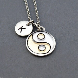 Yin and Yang necklace, Yin and Yang charm, Chinese yin yang, initial necklace, initial hand stamped, personalized, antique silver, monogram