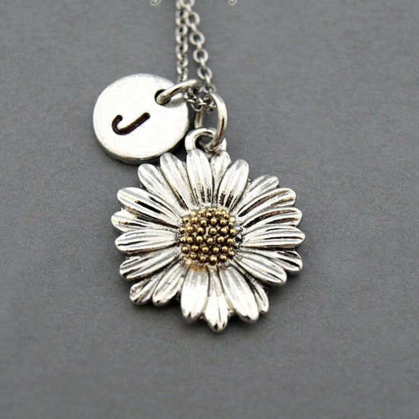 Daisy necklace, flower charm necklace, Daisy flower, antique silver, initial necklace, initial hand stamped, personalized, monogram