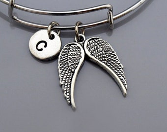 Angel Heart wings bangle, Angel wing bracelet, Guardian angel, Expandable bangle, Personalized bracelet, Charm bangle, Initial bracelet