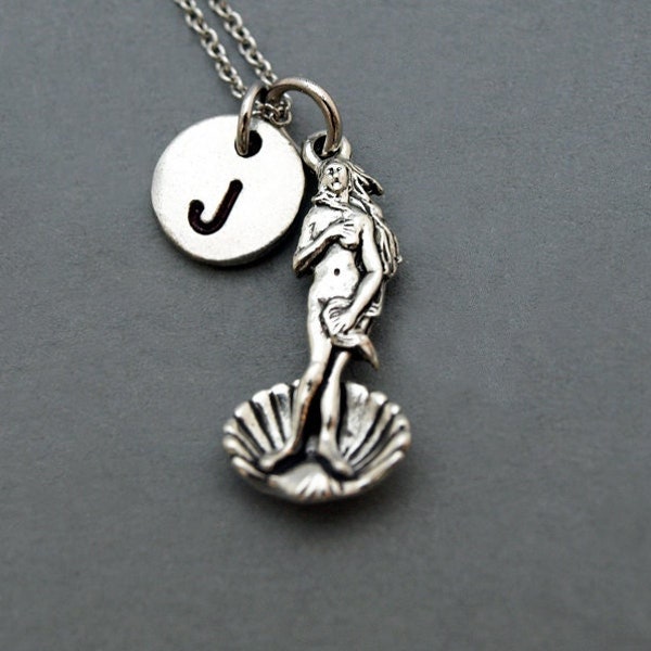 The Birth of Venus necklace, Venus on the Half Shell, Botticelli, antique silver, initial necklace, personalized, monogram