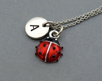 Ladybug necklace, Lady beetle, ladybird, Red ladybug, initial necklace, initial hand stamped, personalized, monogram