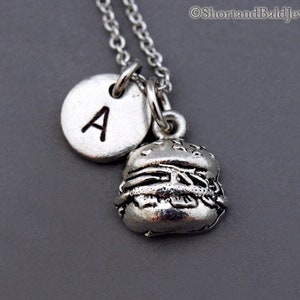 Hamburger necklace, Burger necklace, silver burger charm, food charm, antique silver, initial necklace, personalized, monogram