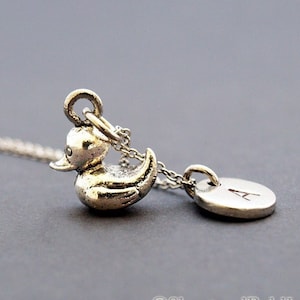 Rubber duck necklace, Baby Duck, silver rubber duck, toy duck, initial necklace, initial hand stamped, personalized, monogram