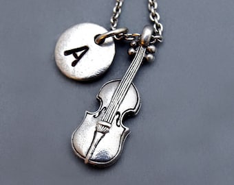 Violin Necklace, string instrument, Music, Violinist, initial necklace, initial hand stamped, personalized, antique silver, monogram