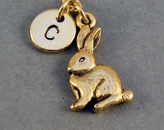 Rabbit necklace, bunny, easter bunny, antique gold, initial necklace, initial hand stamped, personalized, monogram