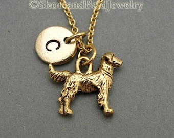 Golden Retriever charm necklace, Golden Retriever Dog charm, antique gold, initial necklace, initial hand stamped, personalized, monogram