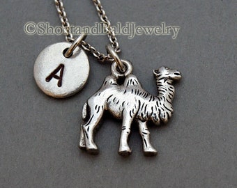 Camel charm Necklace, initial necklace, initial hand stamped, personalized, antique silver, monogram