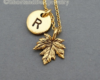 Small Maple leaf charm necklace, Gold maple leaf, Maple tree, antique gold, initial necklace, initial hand stamped, personalized, monogram