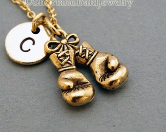 Boxing gloves Necklace, boxing glove charm, antique gold, initial necklace, initial hand stamped, personalized, monogram