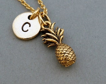 Pineapple necklace, Pineapple charm necklace, fruit charm, antique gold, initial necklace, initial hand stamped, personalized, monogram