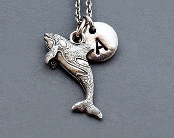 Killer Whale charm necklace, Orca Whale charm, initial necklace, initial hand stamped, personalized, antique silver, monogram