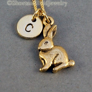 Rabbit necklace, bunny, easter bunny, antique gold, initial necklace, initial hand stamped, personalized, monogram