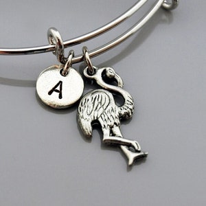 Flamingo charm bangle, Flamingo bracelet, Bird charm, Expandable bangle, Personalized bracelet, Charm bangle, Monogram, Initial bracelet