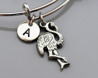Bracciale con ciondolo fenicottero, Bracciale fenicottero, Ciondolo uccello, Bracciale espandibile, Bracciale personalizzato, Bracciale con ciondolo, Monogramma, Bracciale con iniziale