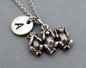 Three Monkeys Necklace, three wise monkeys, monkey, see no evil, hear no evil, speak no evil, initial, Personalized, monogram