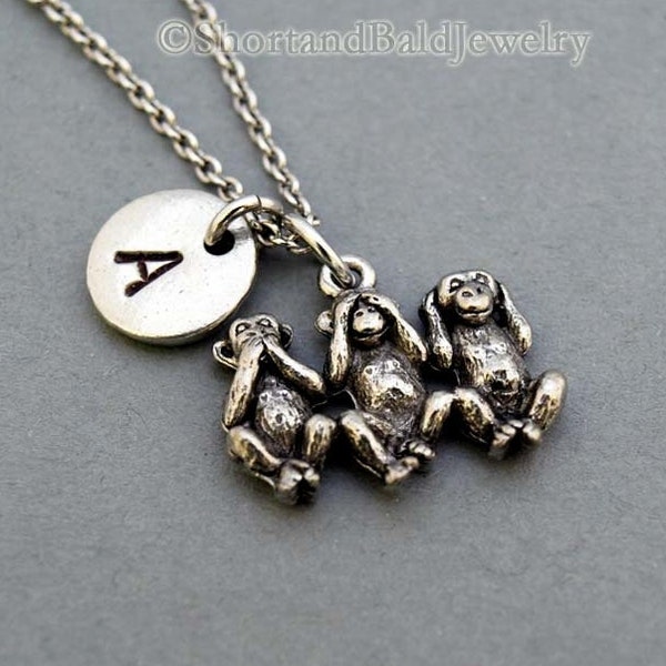 Three Monkeys Necklace, three wise monkeys, monkey, see no evil, hear no evil, speak no evil, initial, Personalized, monogram