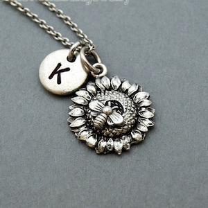 Bee on sunflower necklace, bee, sunflower necklace, initial necklace, initial hand stamped, personalized, antique silver, monogram