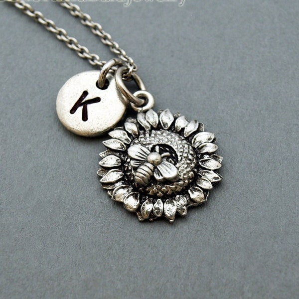 Bee on sunflower necklace, bee, sunflower necklace, initial necklace, initial hand stamped, personalized, antique silver, monogram