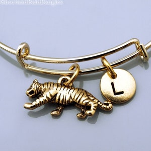 Tiger Bangle, Tiger bracelet, gold Tiger charm jewelry, Expandable bangle, Personalized bracelet, Charm bangle, Monogram, Initial bracelet