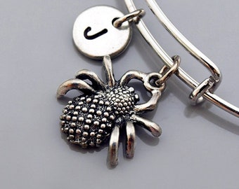Spider charm Bangle, Spider bracelet, Spider jewelry, Expandable bangle, Personalized bracelet, Charm bangle, Monogram, Initial bracelet