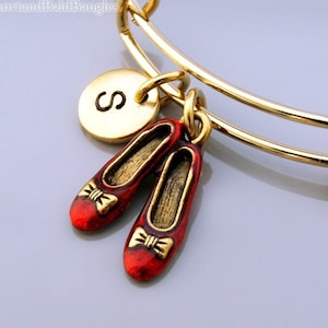 Ruby red slippers bracelet, wizard of oz charm, magical shoes, Gold ruby red slippers bangle, Expandable bangle, Initial bracelet