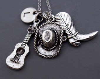 Cowboy hat and boot necklace, Cowgirl hat and boot necklace, Guitar necklace, Western theme, best friend necklace, personzlied