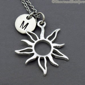 Sun outline necklace, Sun charm jewelry, Silver sun necklace, Celestial necklace, initial necklace, personalized, antique silver, monogram