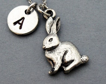 Rabbit Necklace, bunny, easter bunny, initial necklace, initial hand stamped, personalized, antique silver, monogram